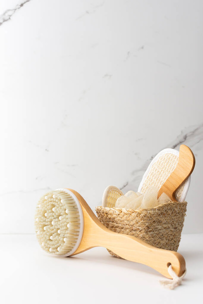Skin care products, bath accessories, massage brush close-up, spa and beauty concept - Foto, immagini