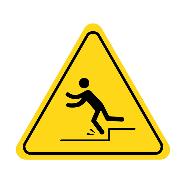 Mind your step icon. Trip, stumble caution sign with fall pictogram man. Warning, danger, yellow triangle sign. Vector illustration.. - ベクター画像