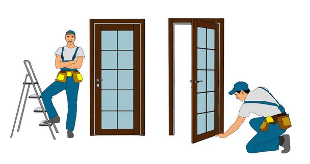 Home repair isometric template. Builders and tools. Repairers in uniform hold a window. Builder squats at the door leaf and fixes a door handle. Vector flat 3d illustration. Vector illustration - Vettoriali, immagini