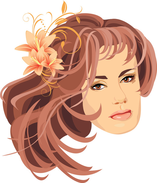 Portrait of beautiful woman with bouquet of lilies in hair - Vector, Image