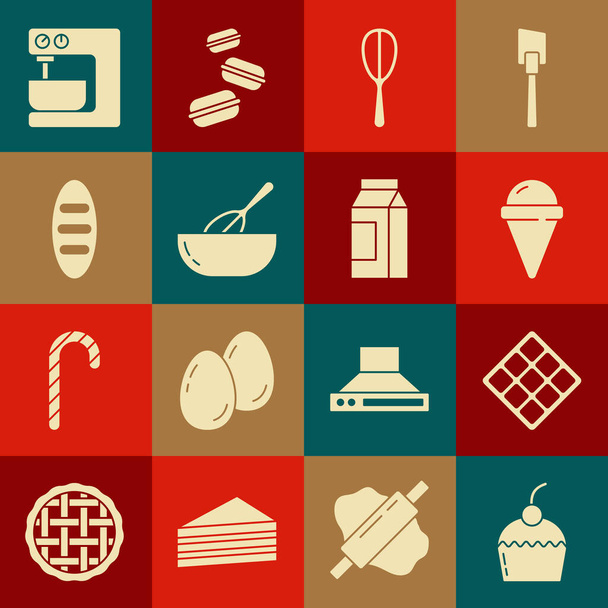 Set Cake, Waffle, Ice cream in waffle cone, Kitchen whisk, and bowl, Bread loaf, Electric mixer and Paper package for milk icon. Vector - Vecteur, image