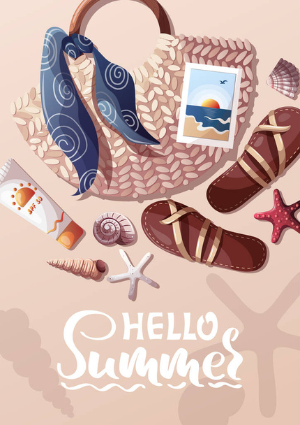 Summer card or cover with Rattan bag, sunscreen, sandals and seashells. Beach vibes lettering. Beach Holidays, Summer vacation, Leisure, Recreation concept. A4 Vector Illustration. - Vector, Image