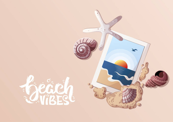 Summer card with sea beach photography, seashells, sand. Beach Holidays, Summer, marine nature concept. Vector Illustration. - Vector, afbeelding