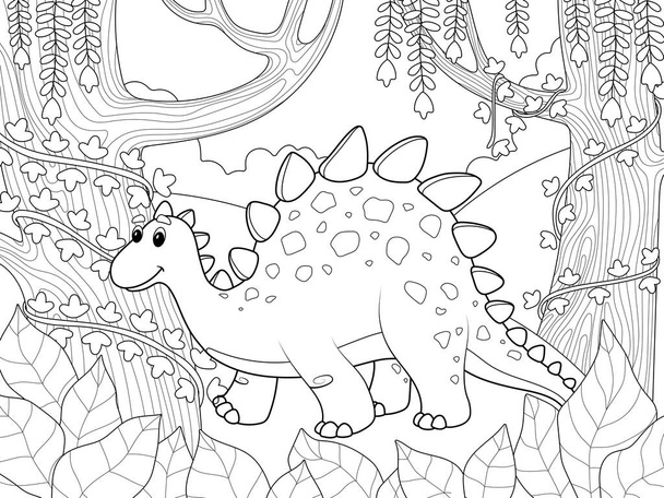 Dinosaurus muinaisessa metsässä. Satueläin maagisessa metsässä. Lasten väritys kirja rasteri kuvitus. - Valokuva, kuva