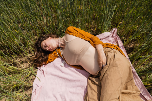 Bovenaanzicht van zwangere vrouw liggend op deken in het veld  - Foto, afbeelding