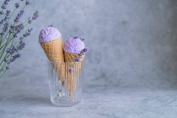 Creamy vegan lavender ice cream in a glass, stylized with flower buds. Summer seasonal cold sweet healthy dessert. on a gray background, space for text. High quality photo - Foto, Imagen