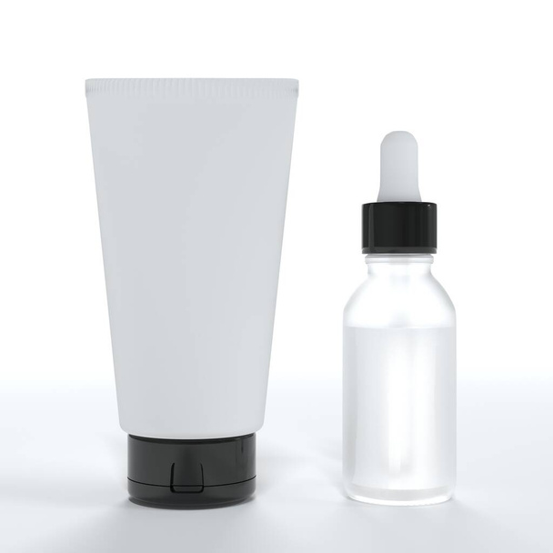 Cosmetic cream tube and serum bottle 3D render on white background, product packaging mock-up, clean design ready set of containers - 写真・画像