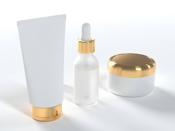 Tubo de crema cosmética, tarro con tapa y botella de suero 3D renderizado sobre fondo blanco, maqueta de empaquetado de productos, diseño limpio conjunto listo de contenedores - Foto, Imagen
