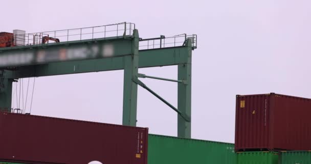 Industriële kraan en container in Tokyo bewolkte dag lange schot. Hoge kwaliteit 4K beeldmateriaal. Koto district Aomi Tokyo Japan 05.20.2022 Hier wordt genoemd Aomi Container Wharf. Het is een van de containerkades - Video