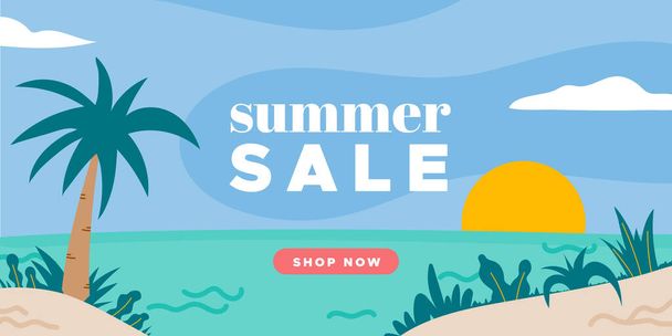 Summer sale beach landscape banner. Seascape with palm and plants. For newsletter, web header, social media post, promotional banner, advertising and identity. Vector illustration, flat design - ベクター画像
