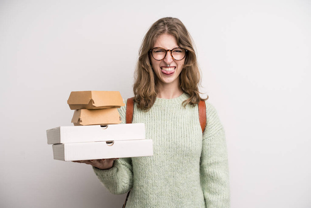 young girl with pizzas and burgers. take away fast food concept - Foto, immagini