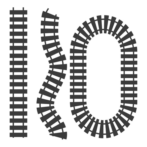 Rautatie tapa kokoelma siluetti ylhäältä näkymä, musta juna tie sarjakuva tyyli eristetty valkoisella taustalla. Käyrä viiva asettaa rautatie. siluetti. Vektoriesimerkki - Vektori, kuva