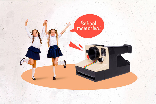 Collage 3d image of pinup pop retro sketch of happy smiling schoolkids tacking selfie photo camera isolated painting background. - Foto, imagen