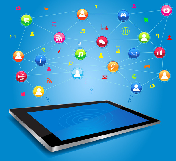 Социальная сеть на цифровом планшете
 - Вектор,изображение