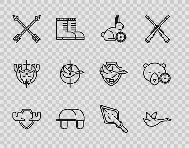 Set line Moose horns on shield Flying duck Hunt rabbit with crosshairs Hunter hat Crossed arrows Hipster tip and bear icon. Vector. - Vector, Image