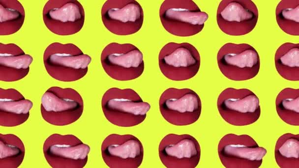 Kırmızı boyalı dudaklarını yalayan bir kadın diliyle tekrarlayan bir desen oluşturuyor. - Video, Çekim