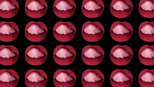 Un ritaglio di donna leccare le labbra dipinte di rosso con la lingua trasformata in un modello ripetitivo - Filmati, video