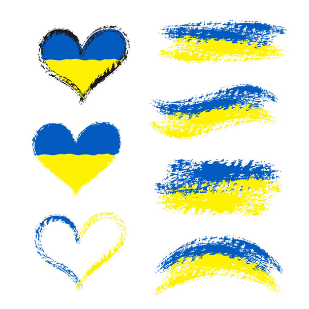 Ukrainian flag banners, blue yellow hearts. Set of brush stroke desigh elements  - Vettoriali, immagini