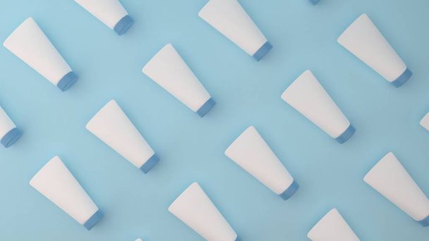 Blank white cosmetic skincare containers on light blue background, 3D Rendering - 写真・画像