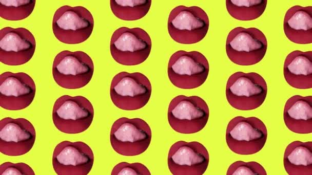 A cutout of woman licking her red painted lips with her tongue made into a repeating pattern - Materiał filmowy, wideo