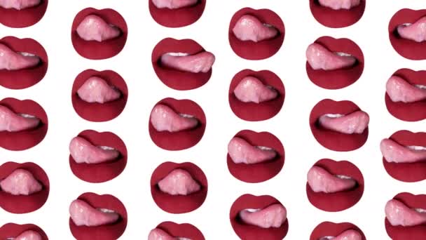 Výstřih ženy olizující její rudě natřené rty s jazykem vytvořeným do opakujícího se vzoru - Záběry, video