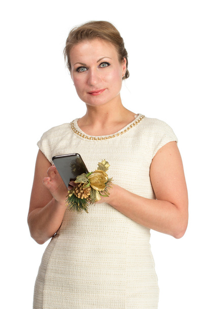 Woman in white dress with mobile - Zdjęcie, obraz