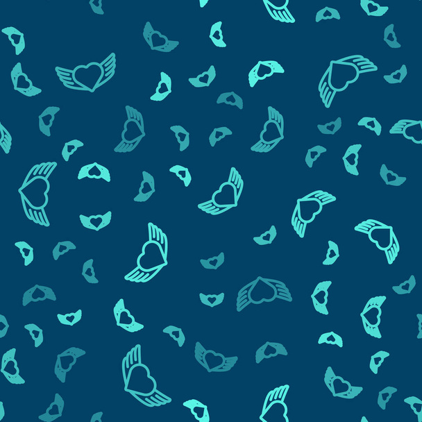 Groene lijn Hart met vleugels pictogram geïsoleerd naadloos patroon op blauwe achtergrond. Liefdessymbool. Fijne Valentijnsdag. Vector - Vector, afbeelding