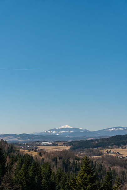 Amazing aerial panoramic view on the mountains, forest, village from observation deck in Poland, Rabka-Zdroj - Foto, Bild