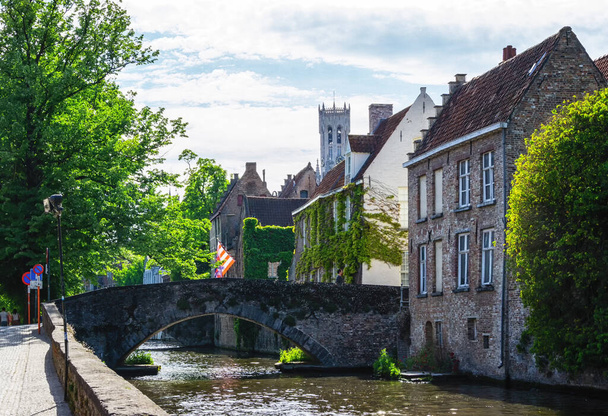 Scenic summer view of trees along a canal in the historic old town of Bruges, Belgium. - Foto, Bild