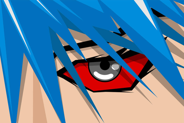 Anime strip mooie jongen of meisje gezicht met rood oog en blauw haar. Manga stripboek held kunst achtergrond concept. Vector cartoon blik eps illustratie - Vector, afbeelding