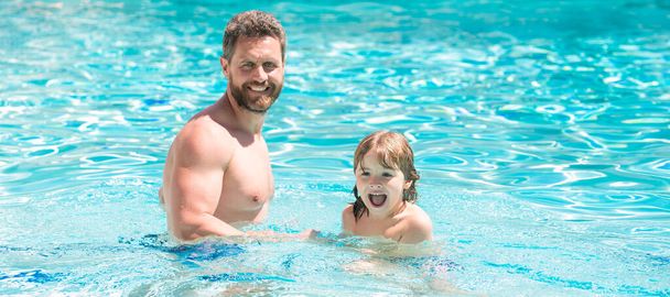 Father and son in swimming pool, banner with copy space. daddy with kid boy on spa resort. summer holidays weekend at family day - Фото, изображение