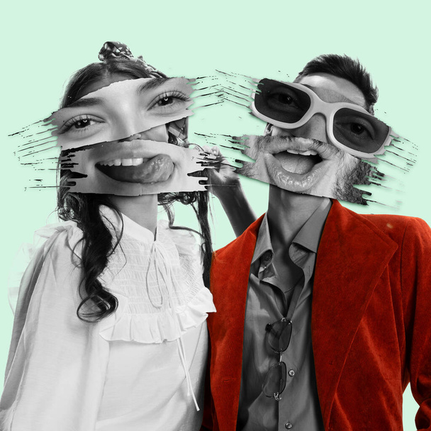 Contemporary art collage. Stylish young man and woman with funny face part elements isolated on green background. Concept of surrealism, creativity, imagination, emotions, lifestyle, ad - Foto, Imagem