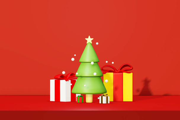 Vánoční stromek s golfem, izolované na červeném pozadí pódia, ilustrace 3D vykreslování - Fotografie, Obrázek