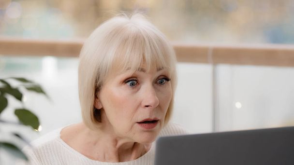 Close-up surprised excited mature woman looking at laptop screen middle-aged caucasian businesswoman user reading bad news on internet getting rejected by e-mail finds error feeling upset frustrated - Photo, image