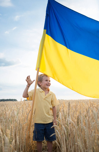 Glimlachende jongen met een geel-blauwe grote vlag in een tarweveld. trots, symbool van het land, nationaliteit Oekraïne. Stop de oorlog in Oekraïne, oogst graangewassen - Foto, afbeelding