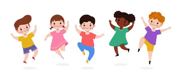 Happy Kids Playing Outdoor banner Template background, children jumping together, advertising brochure, your text, flat Funny cartoon isolated vector Illustration on white background - Vector, imagen