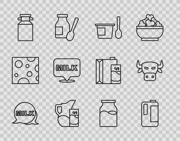 Set line Lettering milk Milk plastic bottle Yogurt container with spoon jug or pitcher and glass Can for Bottle and Cow head icon. Vector. - ベクター画像