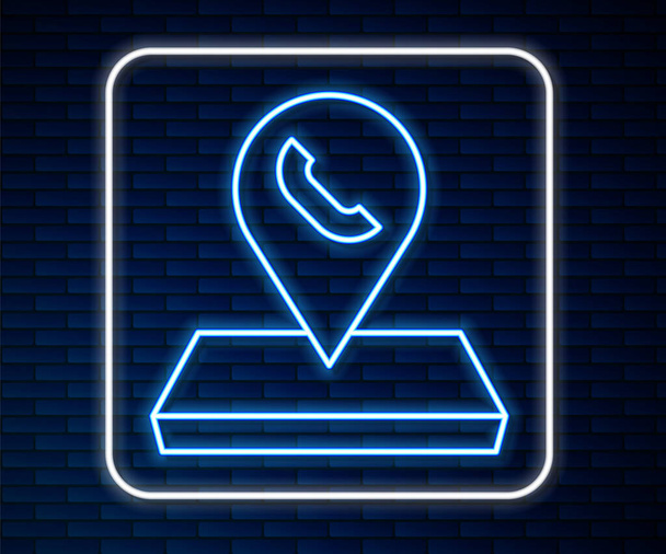 Ligne lumineuse au néon Pointeur de carte avec icône de téléphone ou de communication isolée sur fond de mur de briques. Emplacement du centre d'appels. Vecteur - Vecteur, image
