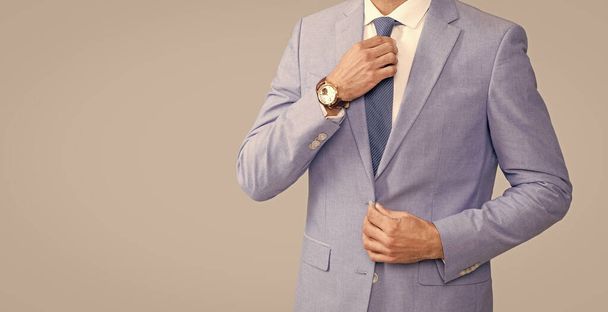 обрізаний бізнесмен в елегантній куртці з краваткою, простір для копіювання, успіх бізнесу
. - Фото, зображення