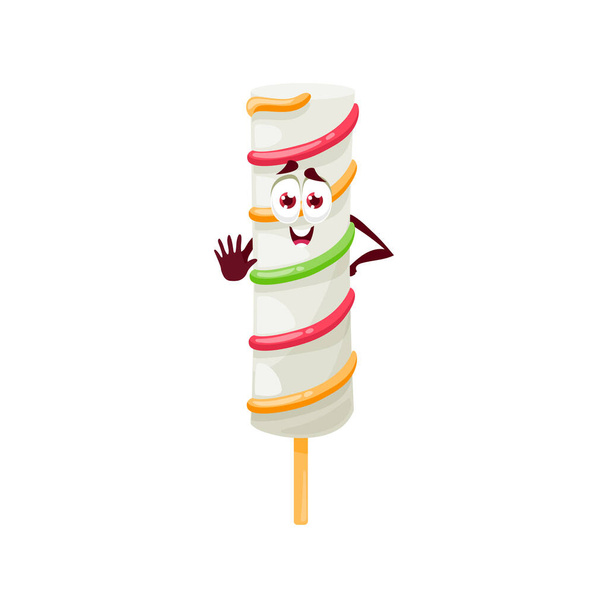 Морозиво на паличці з карамелізованою фруктовою глазур'ю ізольовано смішний мультиплікаційний персонаж. Векторний смайлик холодної фаст-фуд перекусу махає рукою. Фруктовий морозиво на дерев'яній паличці, справжній домашній пиріг, йогурт з льодом
 - Вектор, зображення