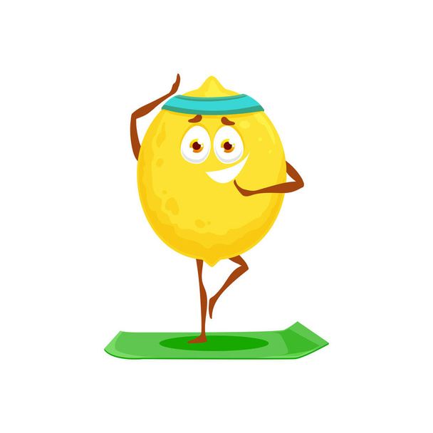 Жовтий цитрусовий усміхнений лимонний фрукт ізольований мультиплікаційний персонаж на спортивних тренуваннях. Векторний соковитий лимон, тропічний цитрон, стиглі кисло-солодкі фрукти в клітці в спортивній групі роблять йогу, фітнес-пілатес вправи на килимку
 - Вектор, зображення