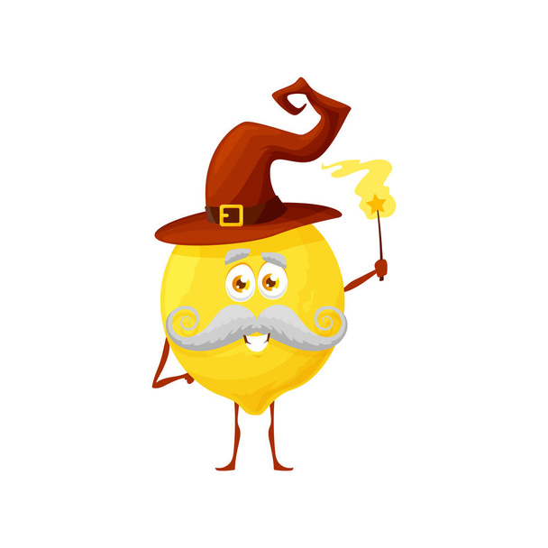 Cartoon ripe lemon fruit wizard or magician character. Funny vector sorcerer, magic personage in witch hat with wand. Smiling mustached citrus wiz with cute face. Tropical fruit enchanter necromancer - Vektor, Bild