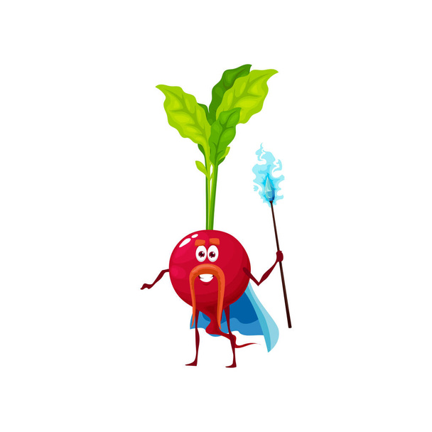 Cartoon radish vegetable magician character. Funny vector wizard with magic staff burn with blue fire. Wiz or sorcerer with long mustaches on smiling face isolated on white - Vektor, kép
