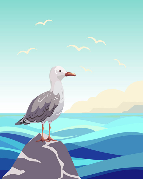 A cute seagull on a rock against the backdrop of a seascape. Summer illustration, clip art, print, vector - Vector, Image