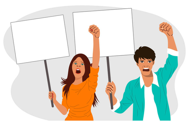 Концепция протеста. Злой мужчина и женщина протестуют с белыми плакатами и поднятыми кулаками. Иллюстрация для текста, плакат. Вектор - Вектор,изображение