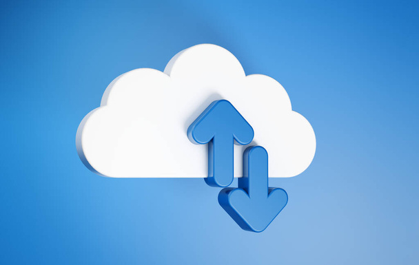 Icono de nube de almacenamiento de datos informáticos con flechas hacia arriba y hacia abajo sobre fondo azul - Foto, Imagen