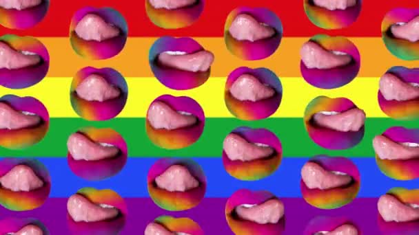 Een vrouw likken haar regenboog geschilderde lippen met haar tong gemaakt in herhaling patroon - Video