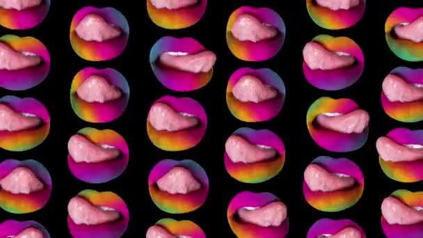 Eine Frau leckt ihre regenbogenbemalten Lippen, wobei ihre Zunge zu einem sich wiederholenden Muster wird - Filmmaterial, Video