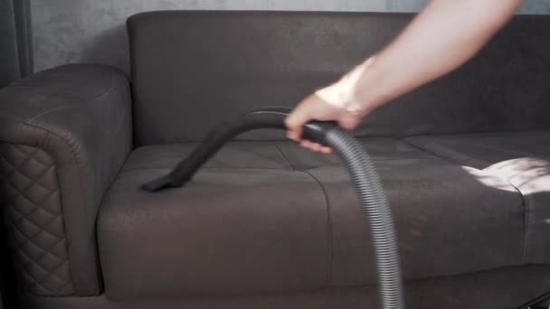 Vacuuming a brown sofa. House cleaning. High quality 4k footage - Felvétel, videó