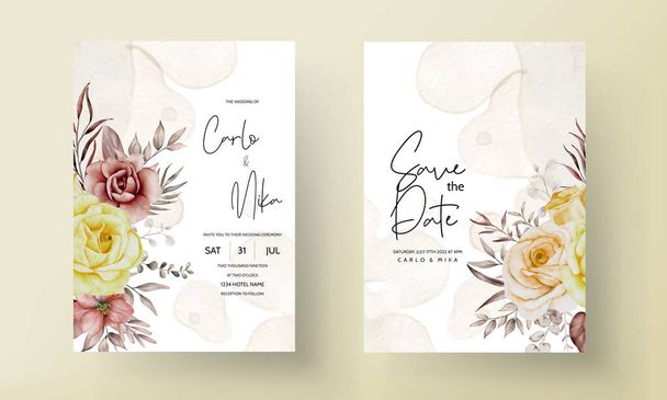 Hochzeitseinladung mit eleganter Aquarellblume und Blättern - Vektor, Bild